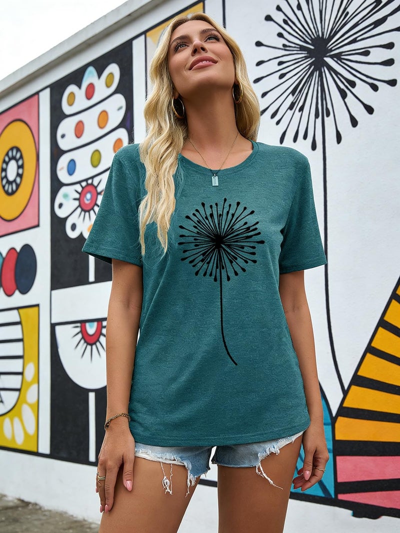 Bealatt Make a Wish Dandelion Womens T Shirt Summer Vintage Short Sleeve Shirt Funny Print Dandelion Graphic Casual Tops Athletic Tee Casual Loose Fit Shirts (Green, XXL) - Image 5